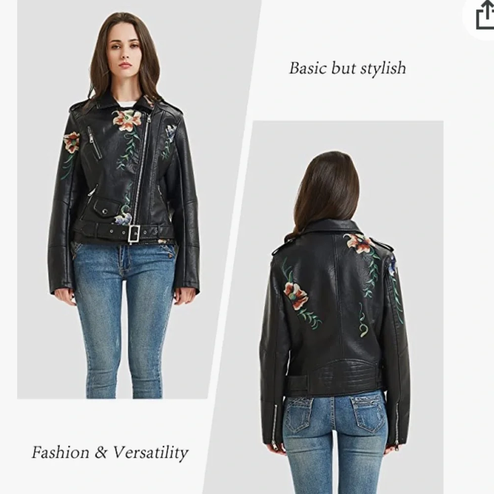 Biker NWOT Black faux leather floral asymmetric Moto biker jacket M - Picture 7 of 7